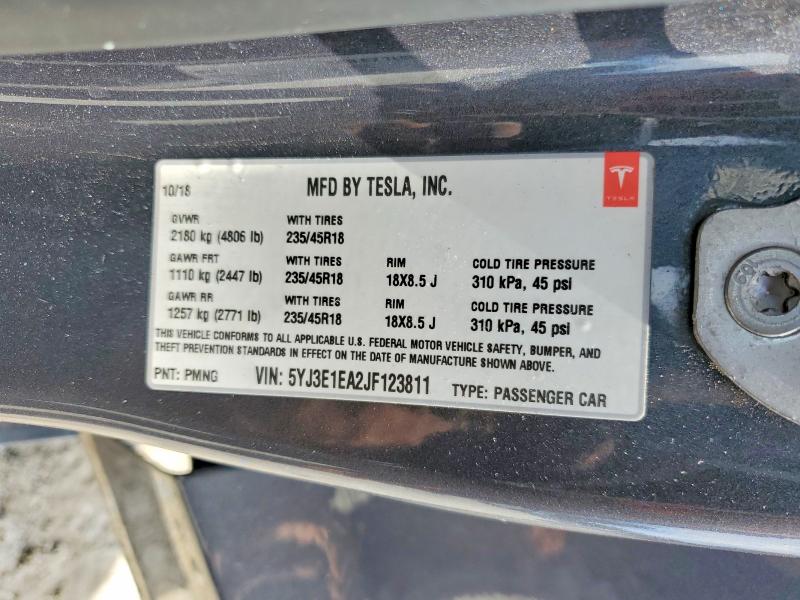 57559856 :رقم المزاد ، 5YJ3E1EA2JF123811 vin ، 2018 Tesla Model 3 مزاد بيع