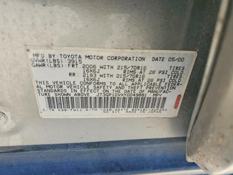 56123796 :رقم المزاد ، JT3GP10VXY0049881 vin ، 2000 Toyota Rav4 مزاد بيع