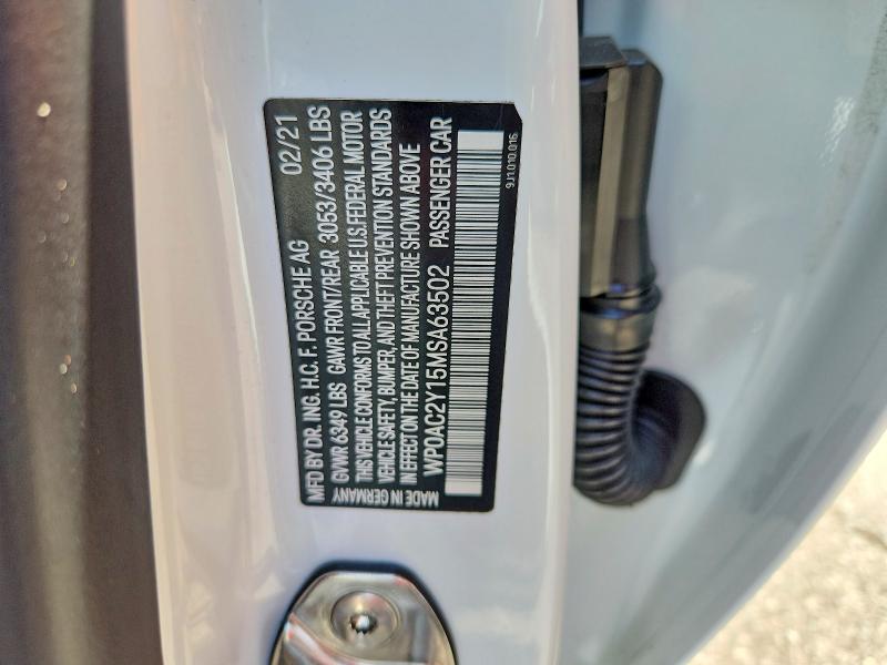 2021 Porsche Taycan მანქანა იყიდება აუქციონზე, vin: WP0AC2Y15MSA63502, აუქციონის ნომერი: 55358726