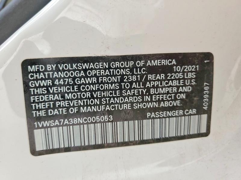 Продаж на аукціоні авто 2022 Volkswagen Passat, vin: 1VWSA7A38NC005053, номер лоту: 57943396