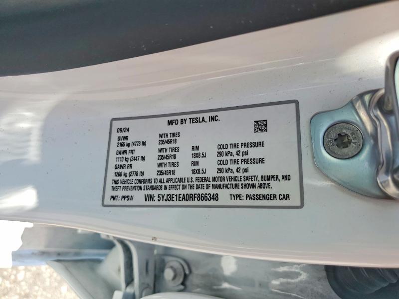 2024 Tesla Model 3 მანქანა იყიდება აუქციონზე, vin: 5YJ3E1EA0RF866348, აუქციონის ნომერი: 55708416