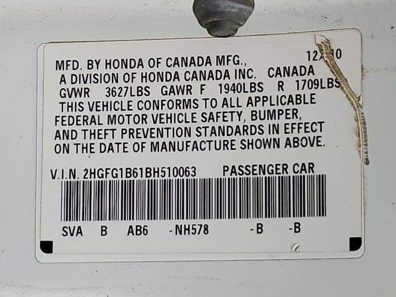 57936566 :رقم المزاد ، 2HGFG1B61BH510063 vin ، 2011 Honda Civic مزاد بيع