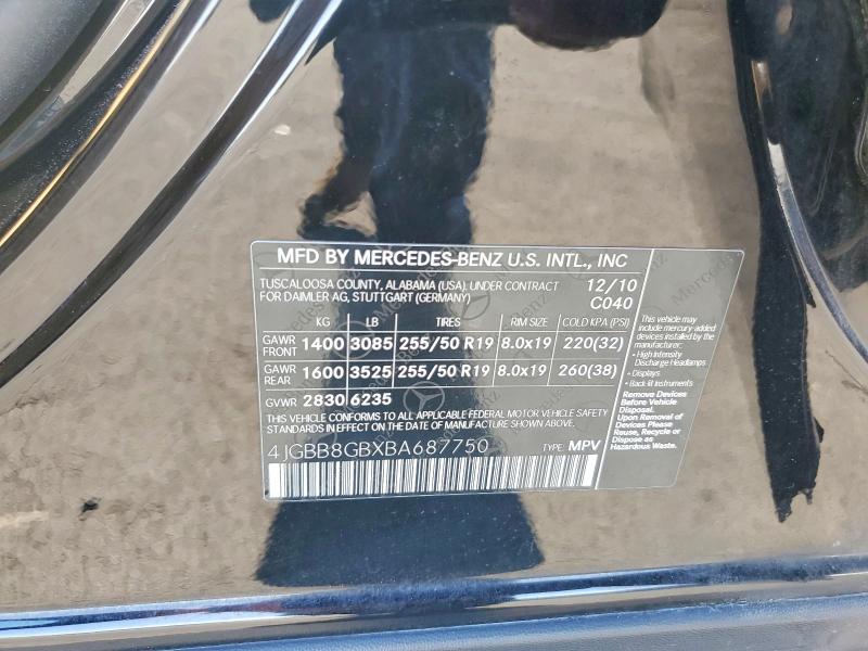 57923616 :رقم المزاد ، 4JGBB8GBXBA687750 vin ، 2011 Mercedes-benz Ml مزاد بيع