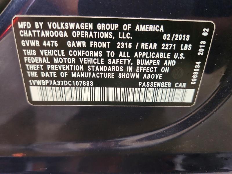 Aukcja sprzedaży 2013 Volkswagen Passat, vin: 1VWBP7A37DC107893, numer aukcji: 56126126