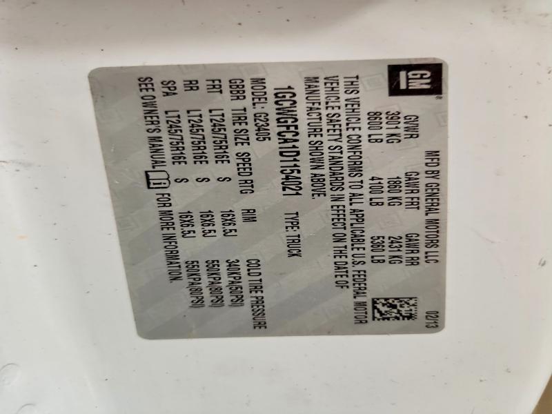 2013 Chevrolet Express G2500 მანქანა იყიდება აუქციონზე, vin: 1GCWGFCA1D1154021, აუქციონის ნომერი: 55969886