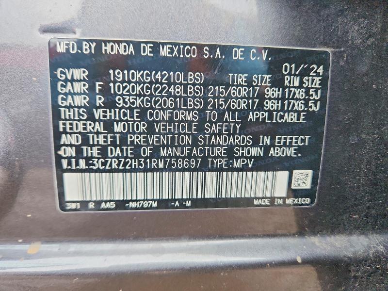 2024 Honda Hr-v მანქანა იყიდება აუქციონზე, vin: 3CZRZ2H31RM758697, აუქციონის ნომერი: 57653976