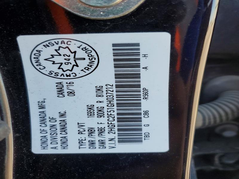 Продаж на аукціоні авто 2016 Honda Civic, vin: 2HGFC2F51GH037212, номер лоту: 56079066
