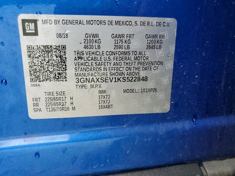 Продаж на аукціоні авто 2019 Chevrolet Equinox, vin: 3GNAXSEV1KS522848, номер лоту: 56589926