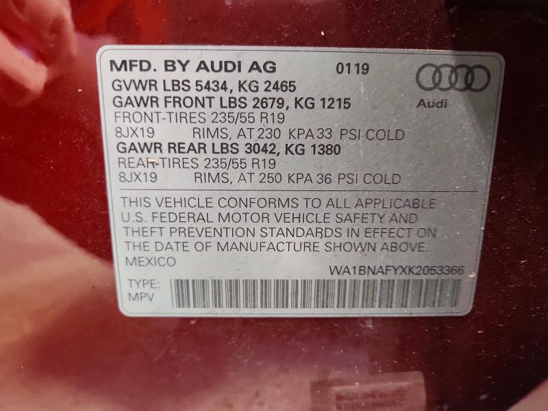 54250346 :رقم المزاد ، WA1BNAFYXK2053366 vin ، 2019 Audi Q5 مزاد بيع