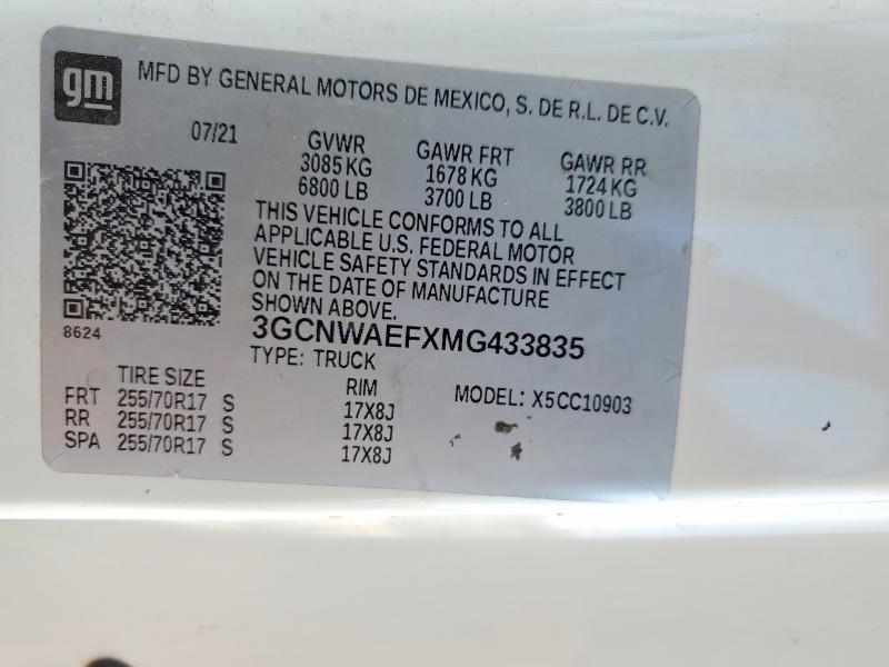 Продаж на аукціоні авто 2021 Chevrolet Silverado, vin: 3GCNWAEFXMG433835, номер лоту: 59137516