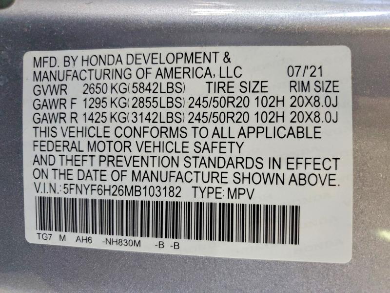 Aukcja sprzedaży 2021 Honda Pilot, vin: 5FNYF6H26MB103182, numer aukcji: 56379436