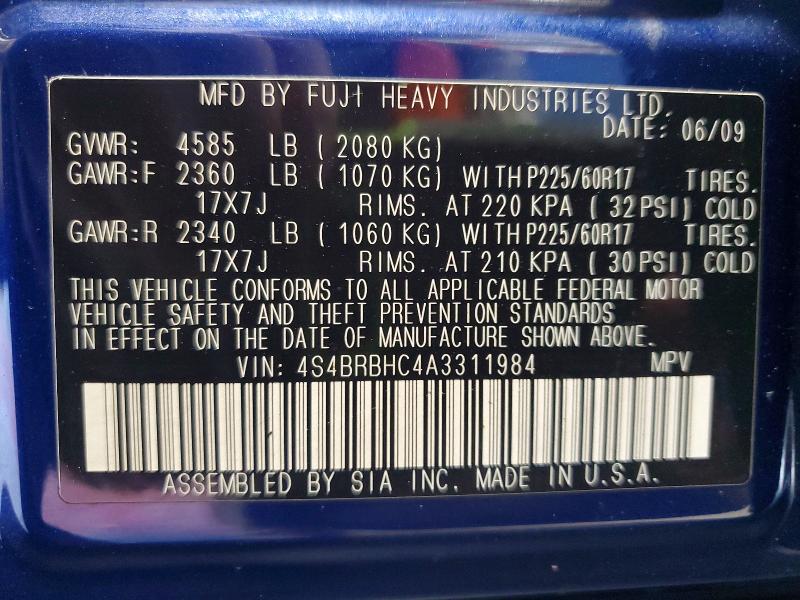 2010 Subaru Outback მანქანა იყიდება აუქციონზე, vin: 4S4BRBHC4A3311984, აუქციონის ნომერი: 59347866