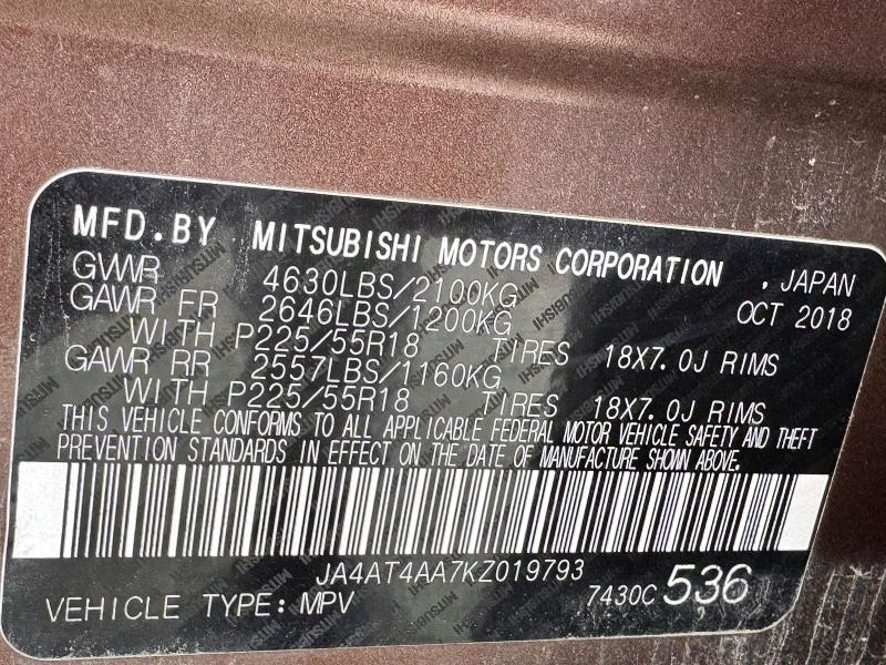 58865146 :رقم المزاد ، JA4AT4AA7KZ019793 vin ، 2019 Mitsubishi Eclipse Cross مزاد بيع