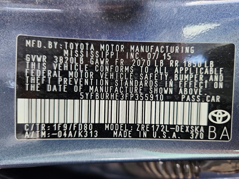 Aukcja sprzedaży 2015 Toyota Corolla, vin: 5YFBURHE3FP355910, numer aukcji: 55979466