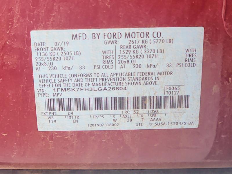 57662826 :رقم المزاد ، 1FMSK7FH3LGA26804 vin ، 2020 Ford Explorer مزاد بيع