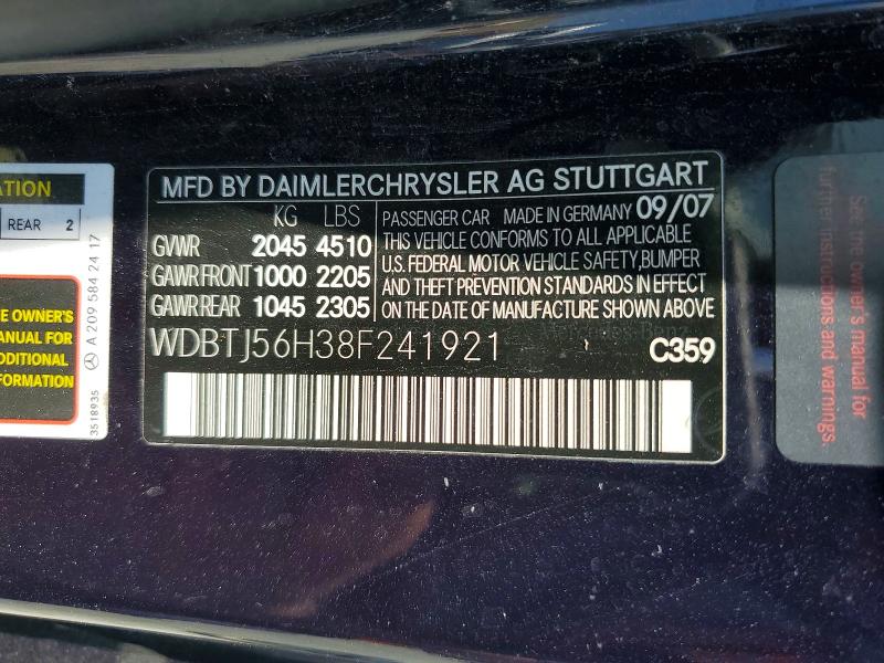 Aukcja sprzedaży 2008 Mercedes-benz Clk, vin: WDBTJ56H38F241921, numer aukcji: 58136036