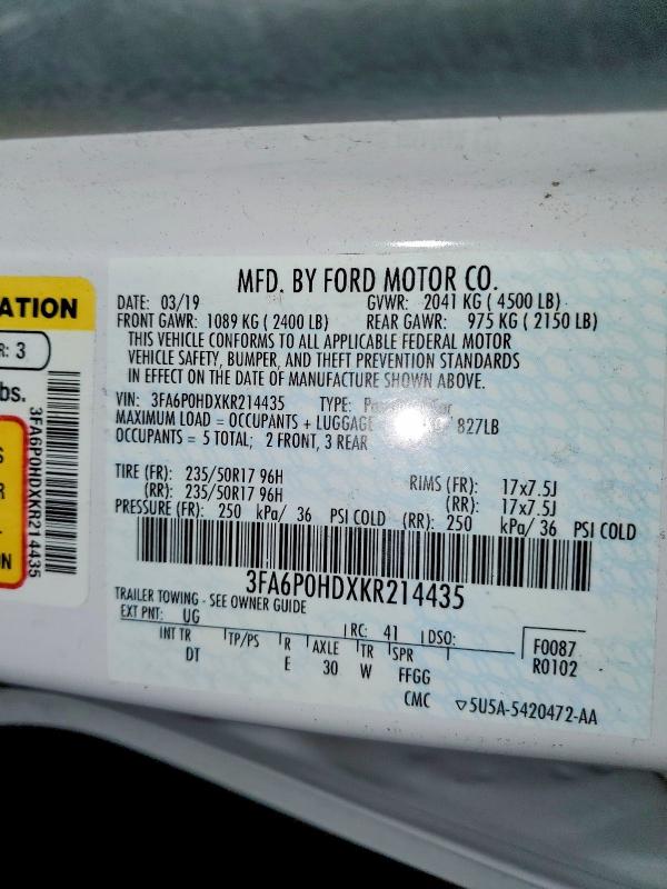 2019 Ford Fusion მანქანა იყიდება აუქციონზე, vin: 3FA6P0HDXKR214435, აუქციონის ნომერი: 56509666