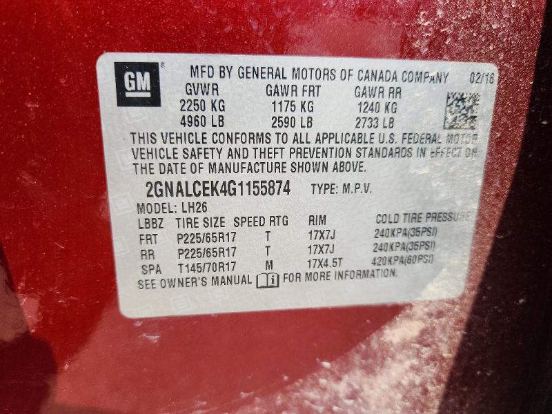 Продажа на аукционе авто 2016 Chevrolet Equinox, vin: 2GNALCEK4G1155874, номер лота: 56664706