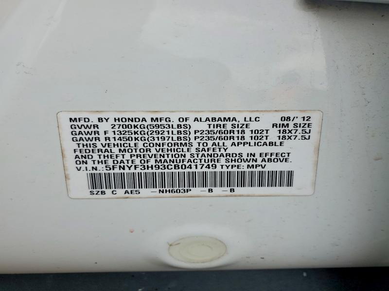 58740906 :رقم المزاد ، 5FNYF3H93CB041749 vin ، 2012 Honda Pilot مزاد بيع