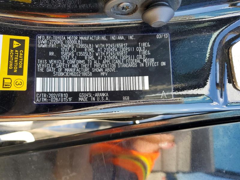 57258806 :رقم المزاد ، 5TDBK3EH6DS218658 vin ، 2013 Toyota Highlander مزاد بيع