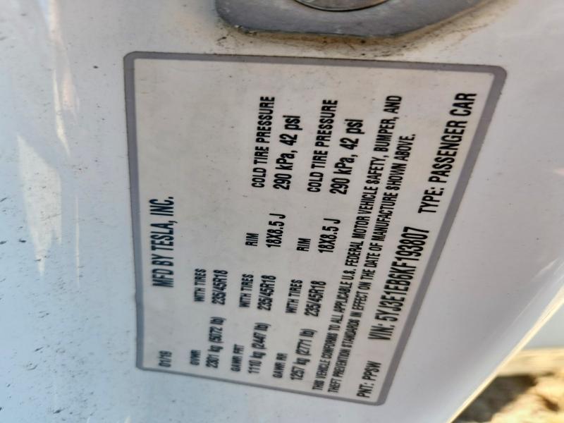 57870706 :رقم المزاد ، 5YJ3E1EB6KF193807 vin ، 2019 Tesla Model 3 مزاد بيع