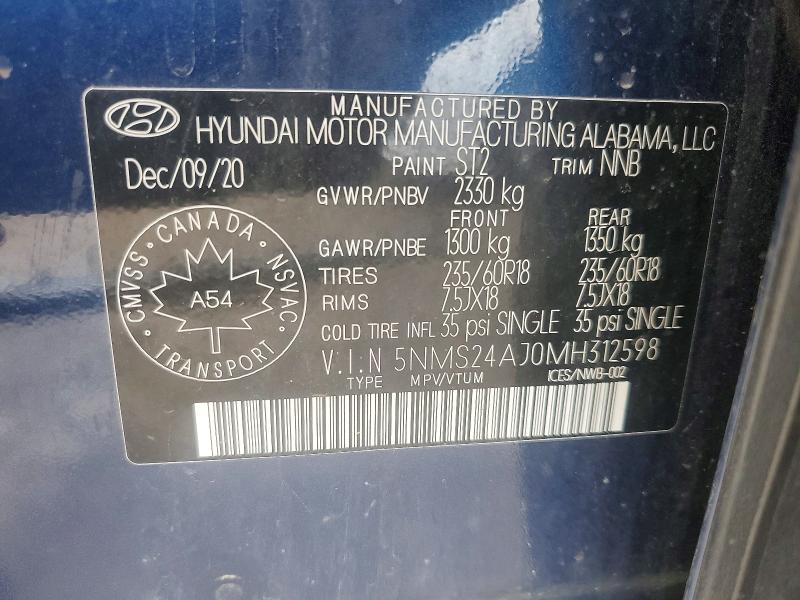 Продаж на аукціоні авто 2021 Hyundai Santa Fe, vin: 5NMS24AJ0MH312598, номер лоту: 56794536