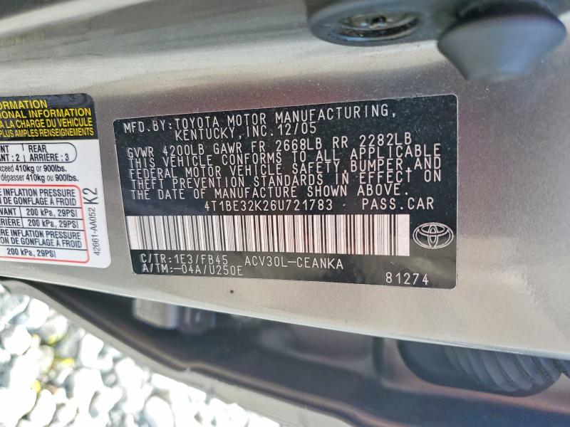2006 Toyota Camry მანქანა იყიდება აუქციონზე, vin: 4T1BE32K26U721783, აუქციონის ნომერი: 58058396