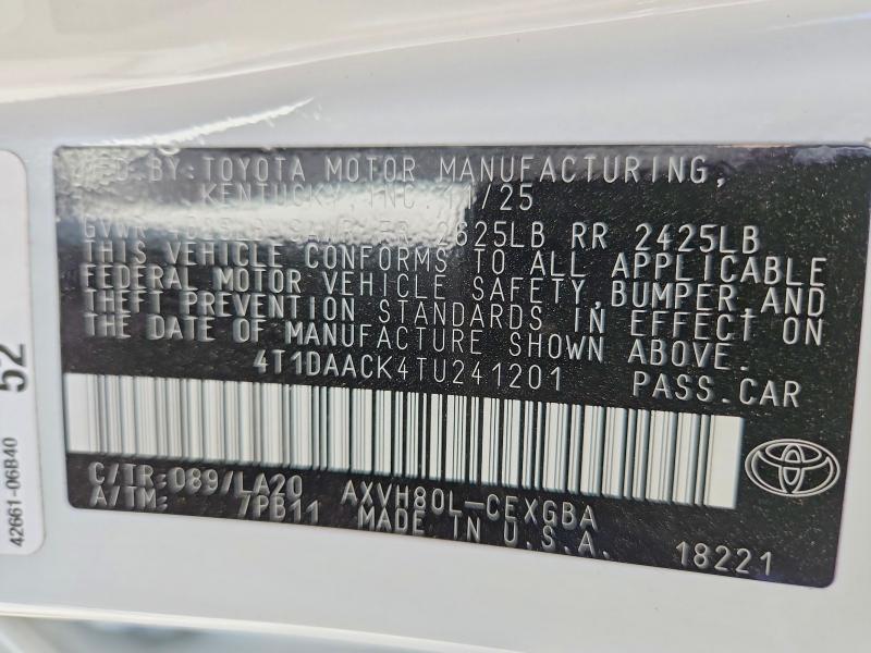 59112276 :رقم المزاد ، 4T1DAACK4TU241201 vin ، 2026 Toyota Camry مزاد بيع