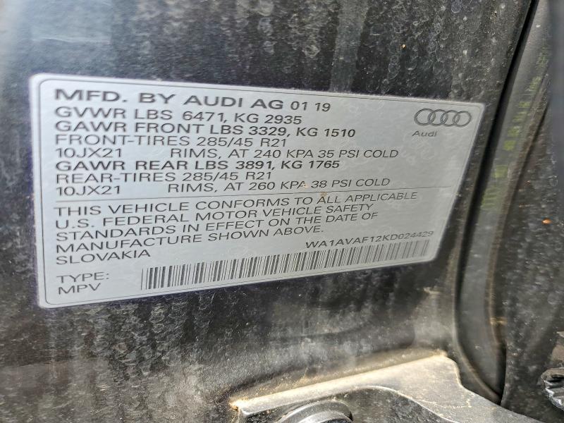 2019 Audi Q8 მანქანა იყიდება აუქციონზე, vin: WA1AVAF12KD024429, აუქციონის ნომერი: 57025016