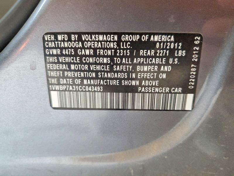 57361726 :رقم المزاد ، 1VWBP7A31CC043493 vin ، 2012 Volkswagen Passat مزاد بيع