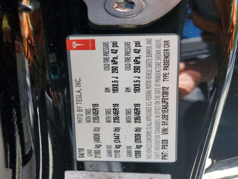 2018 Tesla Model 3 მანქანა იყიდება აუქციონზე, vin: 5YJ3E1EA6JF013912, აუქციონის ნომერი: 58089736