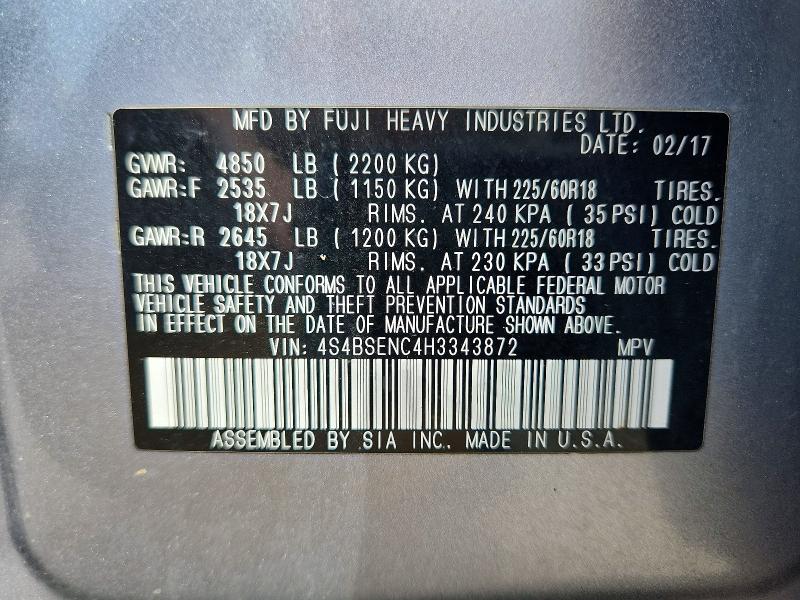 Продаж на аукціоні авто 2017 Subaru Outback, vin: 4S4BSENC4H3343872, номер лоту: 56873226