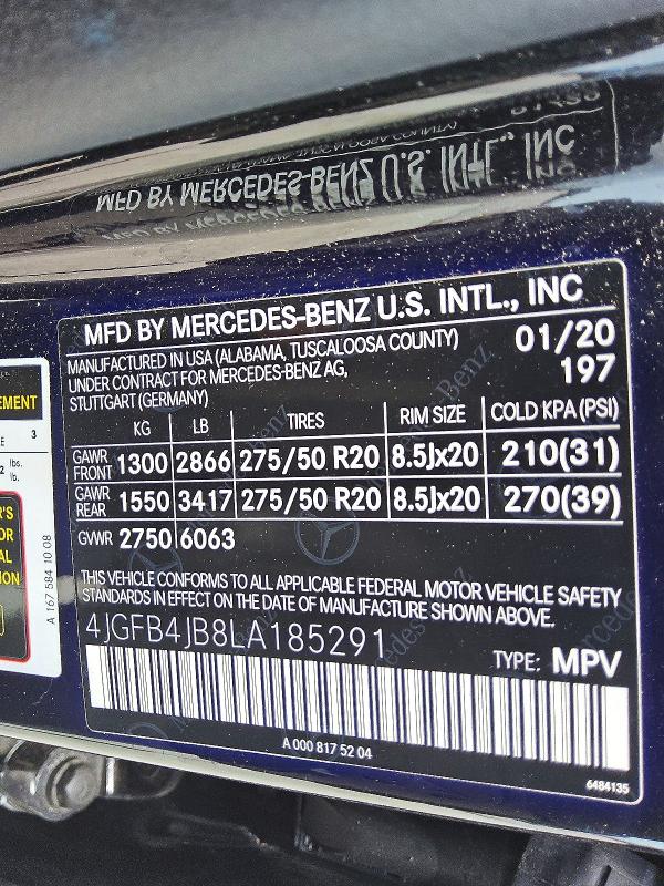 Aukcja sprzedaży 2020 Mercedes-benz Gle, vin: 4JGFB4JB8LA185291, numer aukcji: 58281406