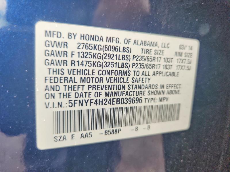 2014 Honda Pilot მანქანა იყიდება აუქციონზე, vin: 5FNYF4H24EB039696, აუქციონის ნომერი: 57598006