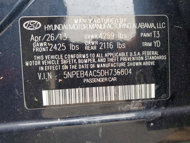 57473796 :رقم المزاد ، 5NPEB4AC5DH736604 vin ، 2013 Hyundai Sonata مزاد بيع