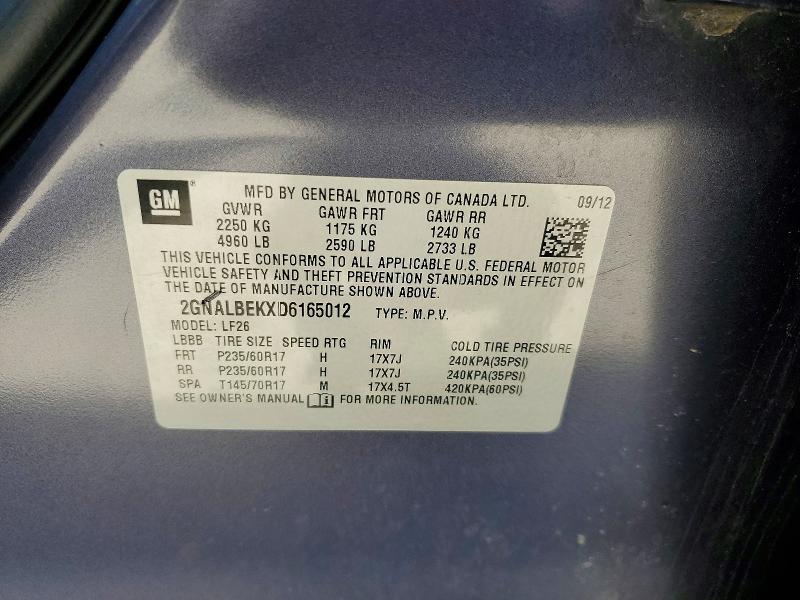 55319006 :رقم المزاد ، 2GNALBEKXD6165012 vin ، 2013 Chevrolet Equinox مزاد بيع