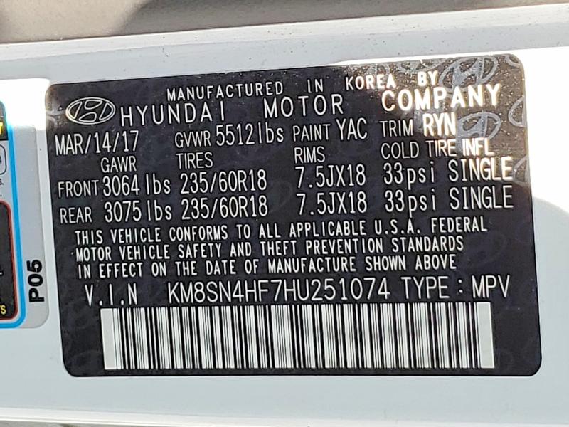 58926036 :رقم المزاد ، KM8SN4HF7HU251074 vin ، 2017 Hyundai Santa Fe مزاد بيع