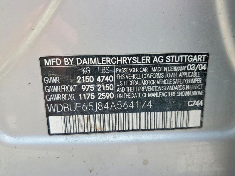 Aukcja sprzedaży 2004 Mercedes-benz E, vin: WDBUF65J84A564174, numer aukcji: 58404826