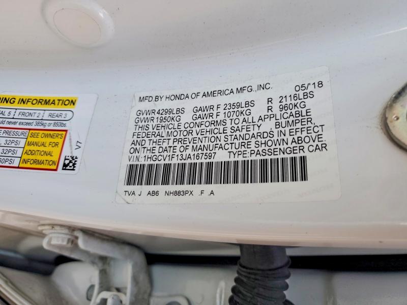 2018 Honda Accord მანქანა იყიდება აუქციონზე, vin: 1HGCV1F13JA167597, აუქციონის ნომერი: 56999756