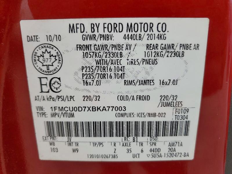 2011 Ford Escape მანქანა იყიდება აუქციონზე, vin: 1FMCU0D7XBKA77003, აუქციონის ნომერი: 52077386