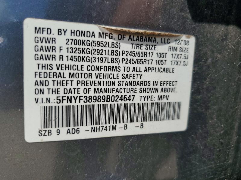Aukcja sprzedaży 2009 Honda Pilot, vin: 5FNYF38989B024647, numer aukcji: 57242906