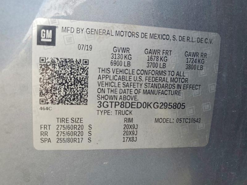 Aukcja sprzedaży 2019 Gmc Sierra, vin: 3GTP8DED0KG295805, numer aukcji: 58247566
