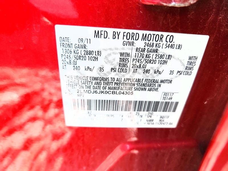 55978876 :رقم المزاد ، 2LMDJ6JK0CBL04305 vin ، 2012 Lincoln Mkx مزاد بيع
