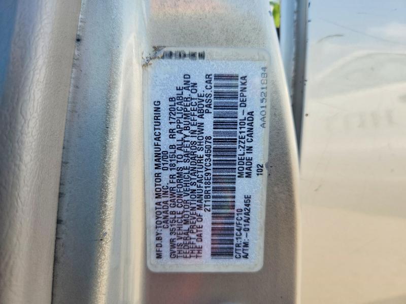 57816586 :رقم المزاد ، 2T1BR18E9YC345078 vin ، 2000 Toyota Corolla مزاد بيع