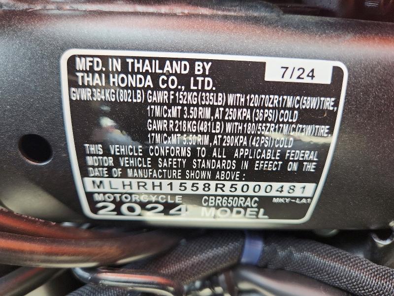 Aukcja sprzedaży 2024 Honda Cbr650, vin: MLHRH1558R5000481, numer aukcji: 56390586