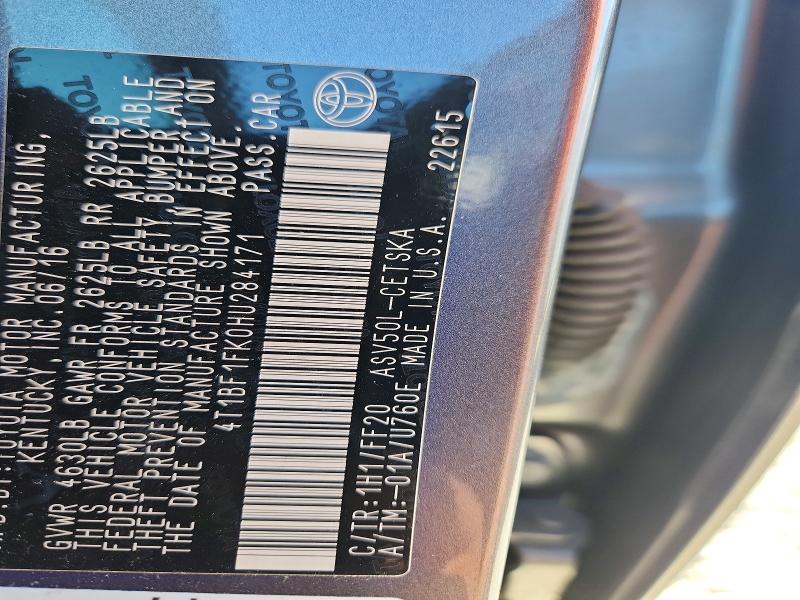 Продаж на аукціоні авто 2017 Toyota Camry, vin: 4T1BF1FK0HU284171, номер лоту: 58916296