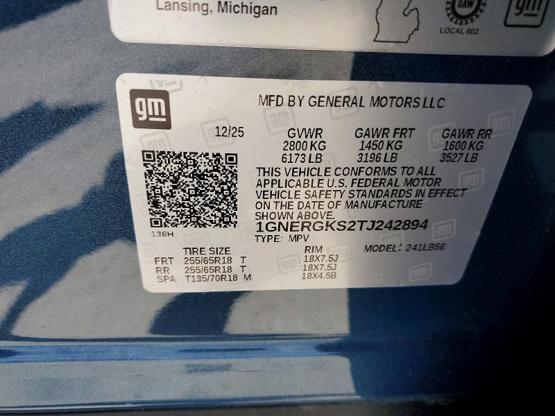 2026 Chevrolet Traverse მანქანა იყიდება აუქციონზე, vin: 1GNERGKS2TJ242894, აუქციონის ნომერი: 55744426