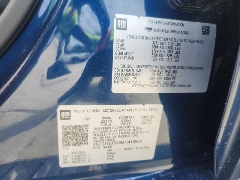 Aukcja sprzedaży 2021 Chevrolet Silverado, vin: 3GCUYEED9MG410865, numer aukcji: 55468866