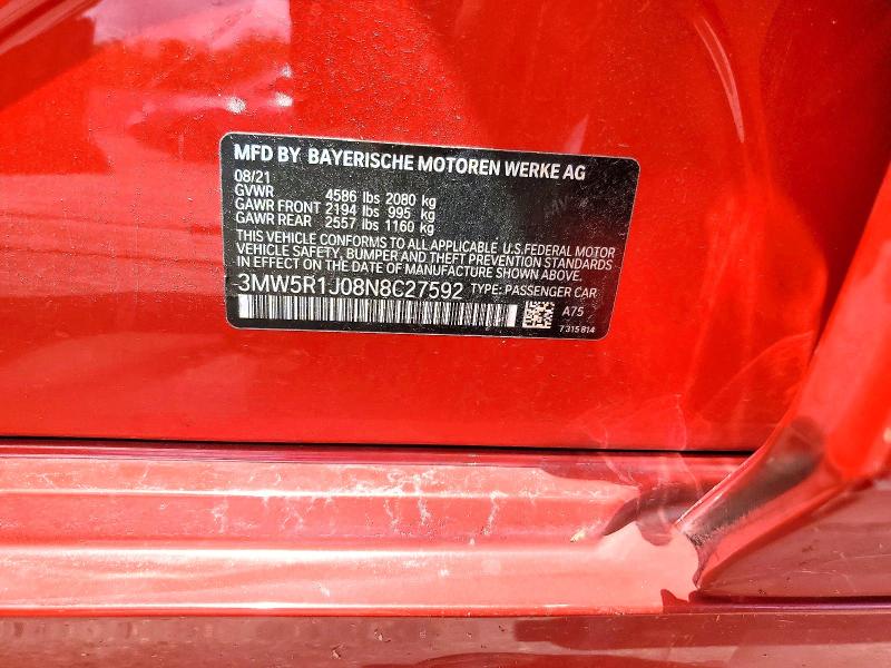 Продаж на аукціоні авто 2022 Bmw 330i, vin: 3MW5R1J08N8C27592, номер лоту: 57019416
