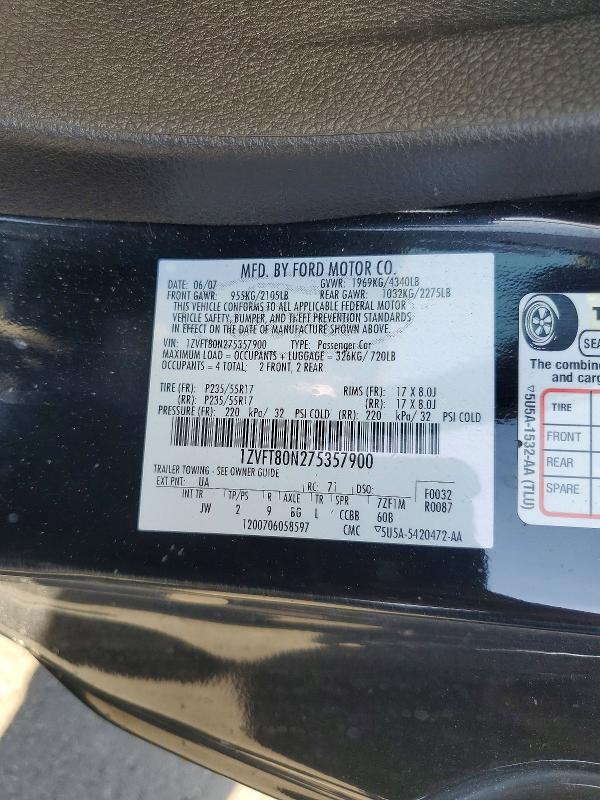 56254716 :رقم المزاد ، 1ZVFT80N275357900 vin ، 2007 Ford Mustang مزاد بيع